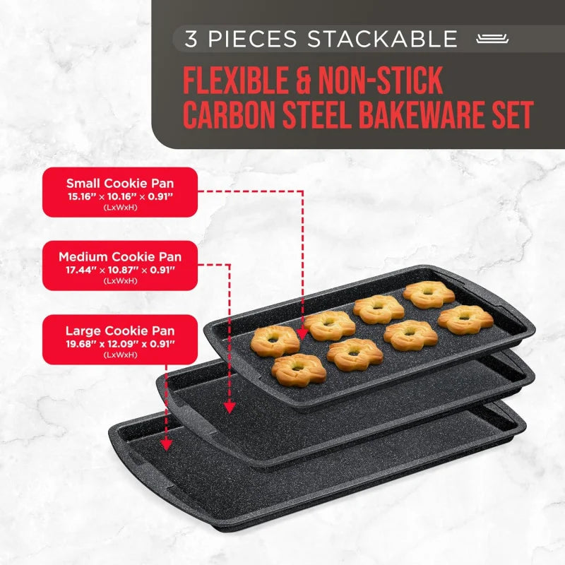 Gray Marble 3 Piece Set Cookie Sheet  - Non-Stick, Stackable Baking Pans