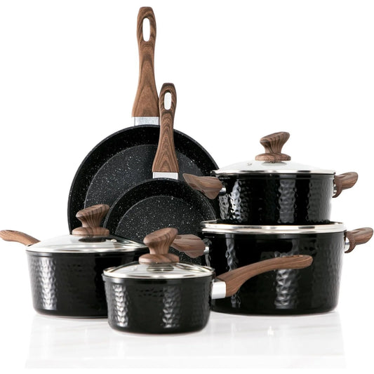 Pots and Pans Set Non Stick - 15 Pcs Black Cookware Set