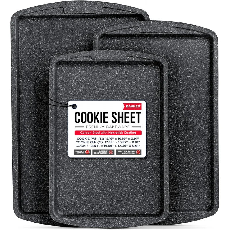 Gray Marble 3 Piece Set Cookie Sheet  - Non-Stick, Stackable Baking Pans