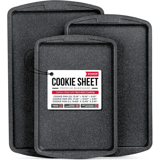 Gray Marble 3 Piece Set Cookie Sheet  - Non-Stick, Stackable Baking Pans