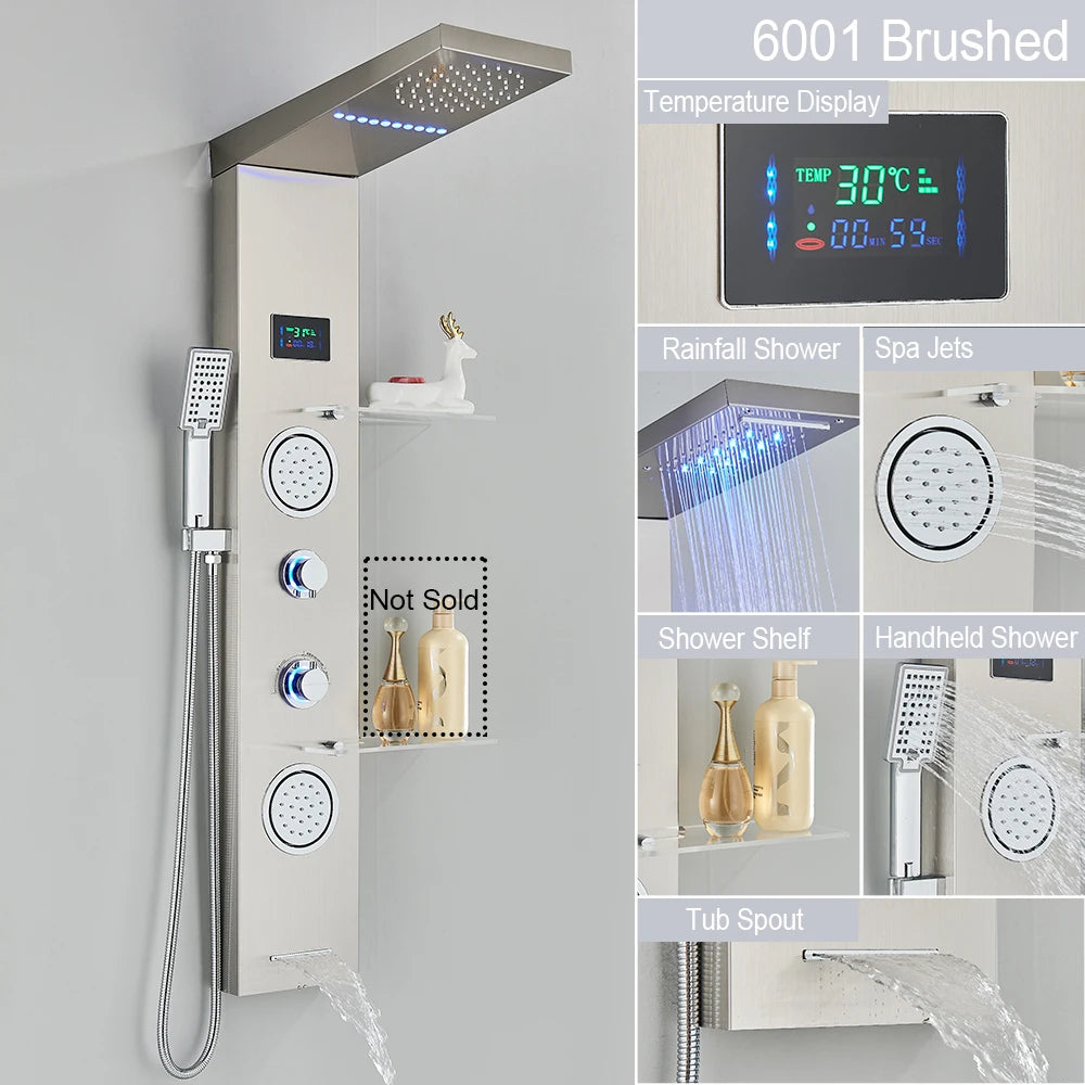 LED Light Shower Panel - Waterfall, Rain Digital Display Shower Faucet Set