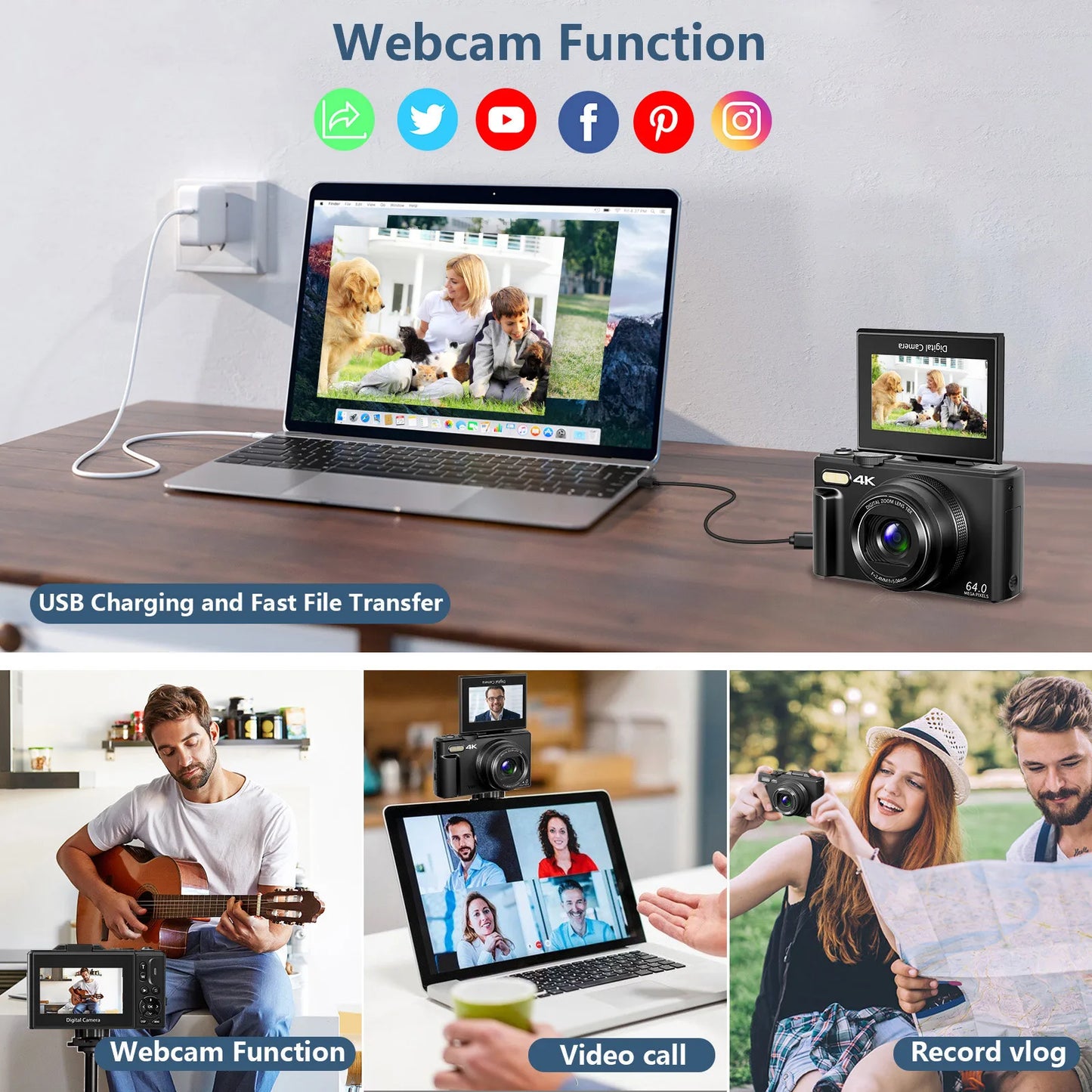 4K compact digital photography camera, 18x digital zoom,180° flip screen, WiFi webcam