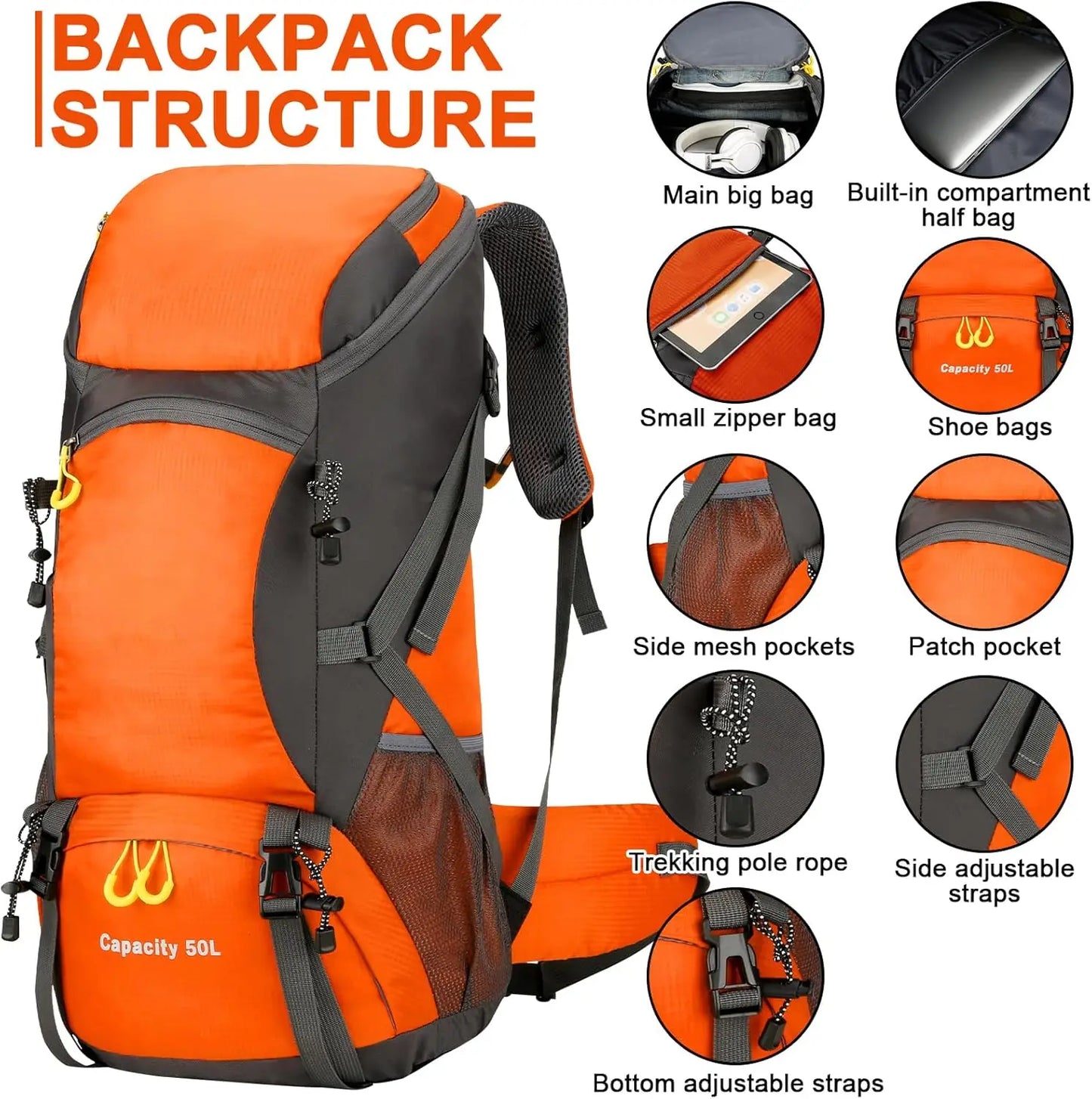 Unisex 50L Waterproof Hiking Backpack