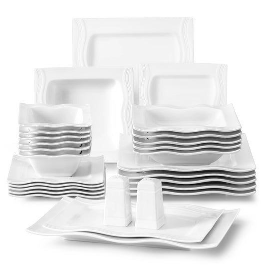 MALACASA Square Dinnerware Sets 28 Piece White Porcelain Dinner Set