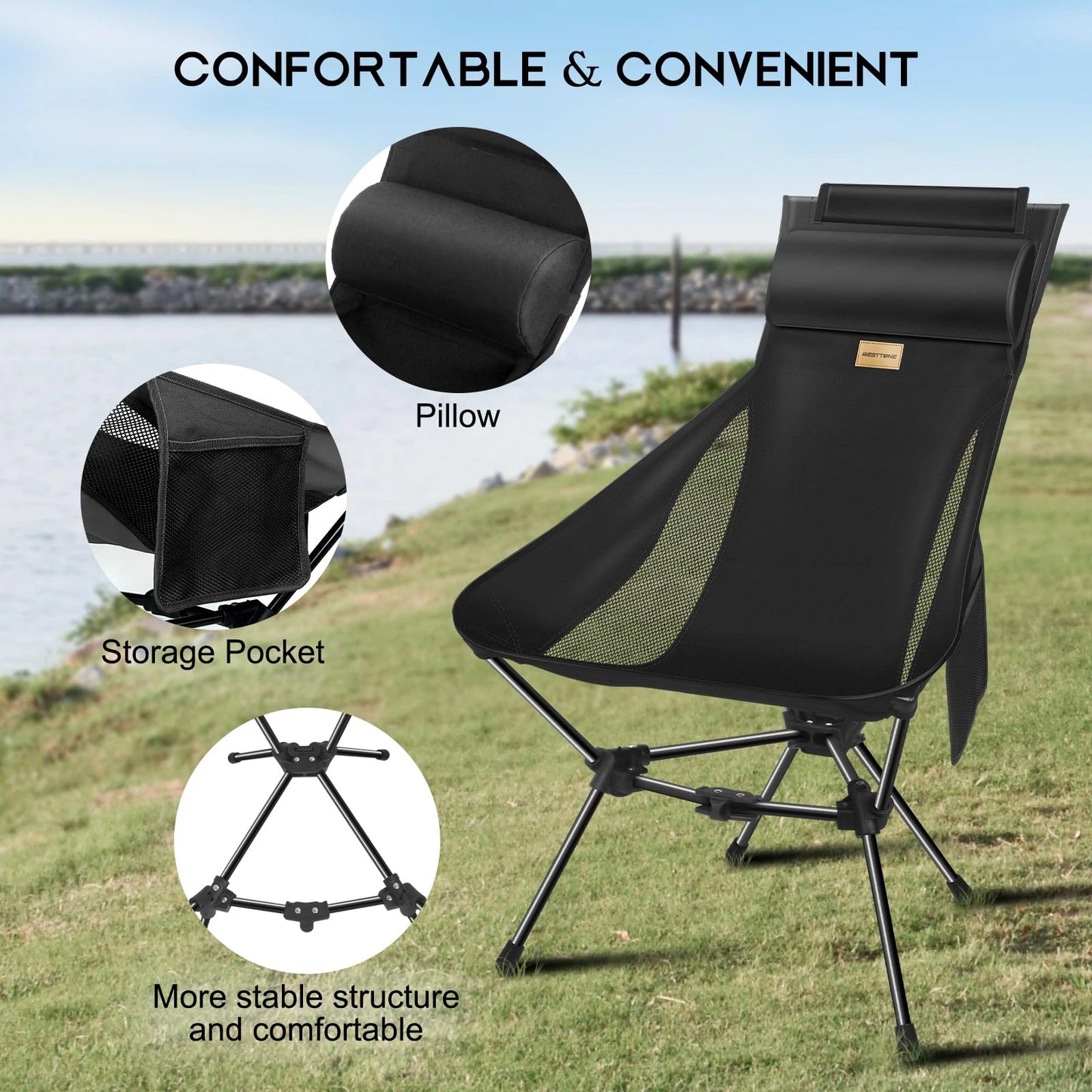 Folding Camping Chair with Headrest and Storage bag