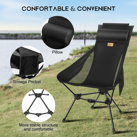 Folding Camping Chair with Headrest and Storage bag
