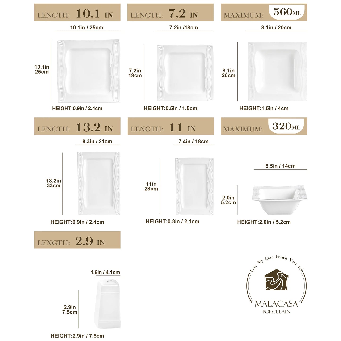 MALACASA Square Dinnerware Sets 28 Piece White Porcelain Dinner Set