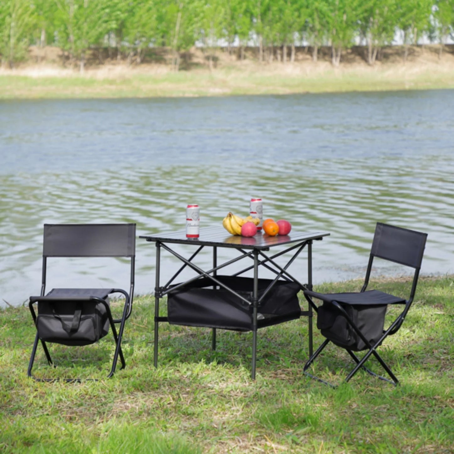 Set of 3 Folding Outdoor Table and Chairs Set Black/Gr