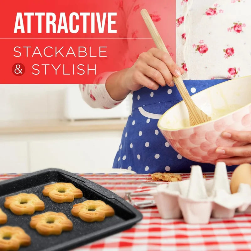 Gray Marble 3 Piece Set Cookie Sheet  - Non-Stick, Stackable Baking Pans