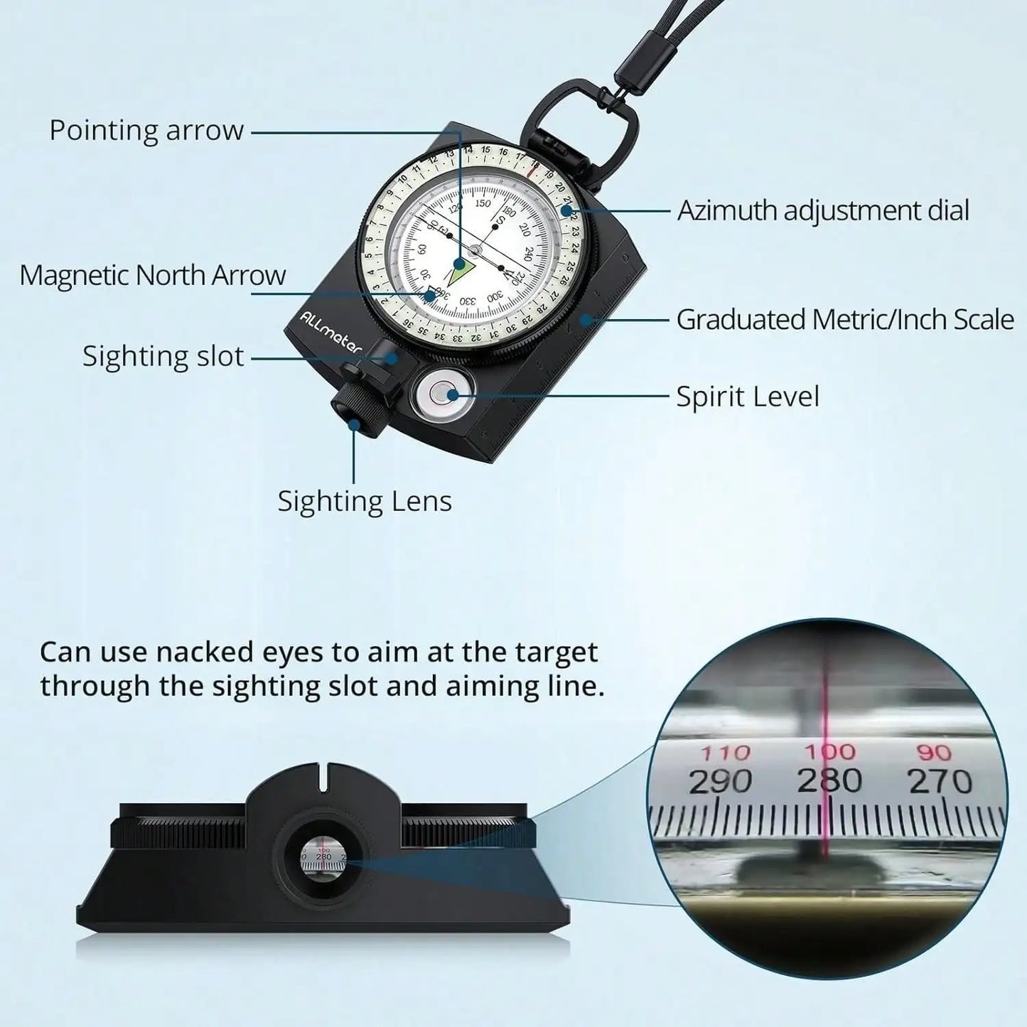 Multifunction Compass Waterproof  Outdoor Handheld  Metal Sighting with Bubble Level