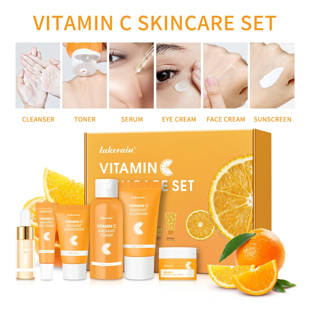 6pcs/set Vitamin C Skin Care Set  Face Cream Moisturizing Anti Wrinkles Face Care Kit Gift Box