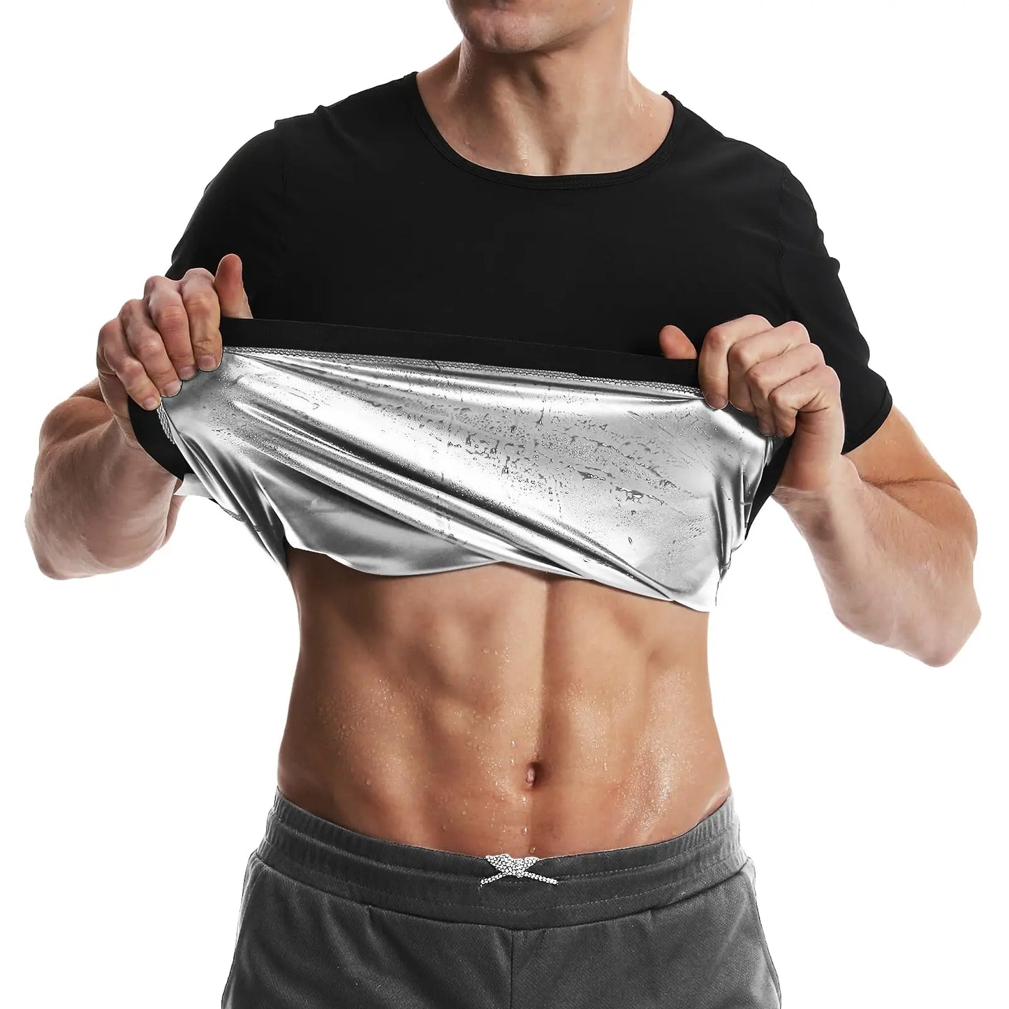 Pop Closets Sauna Shirt for Men Short Sleeve Compression T Shirt Weight Loss Body Shaper for Workout Sports
