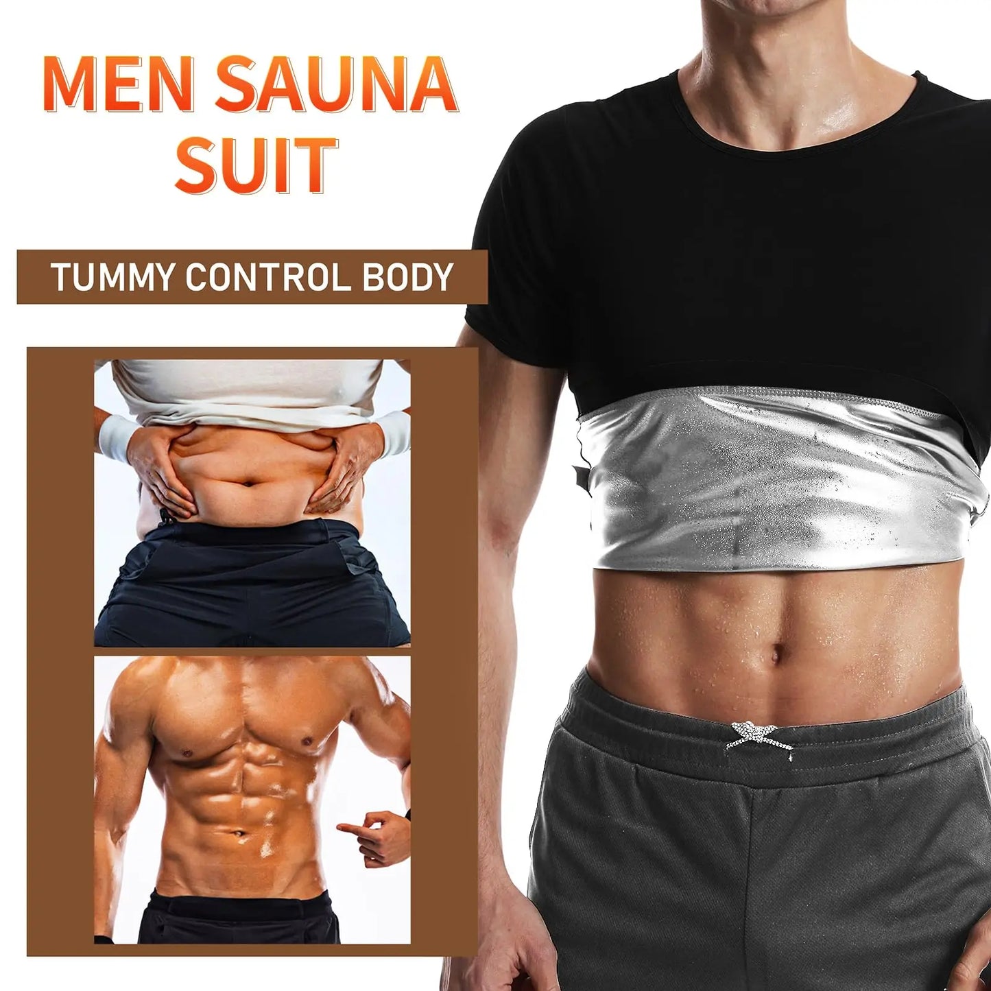 Pop Closets Sauna Shirt for Men Short Sleeve Compression T Shirt Weight Loss Body Shaper for Workout Sports
