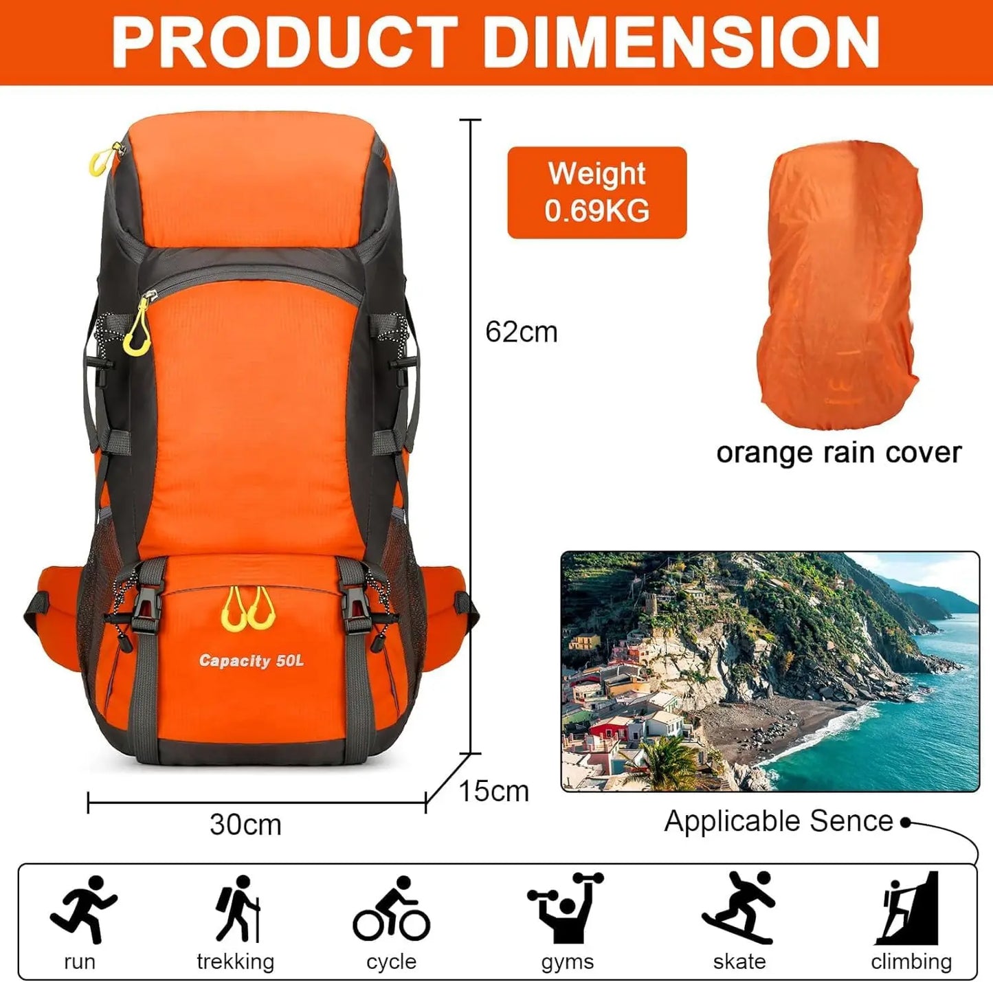 Unisex 50L Waterproof Hiking Backpack