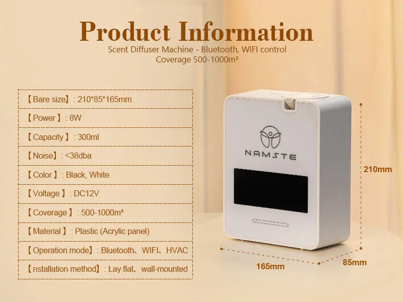 Namste WIFI Bluetooth Diffuser Aromatherapy 300ML Capacity Air Purifier Essential Oil Freshener for Home and Large Spaces 1000m³ HVAC 8W Power