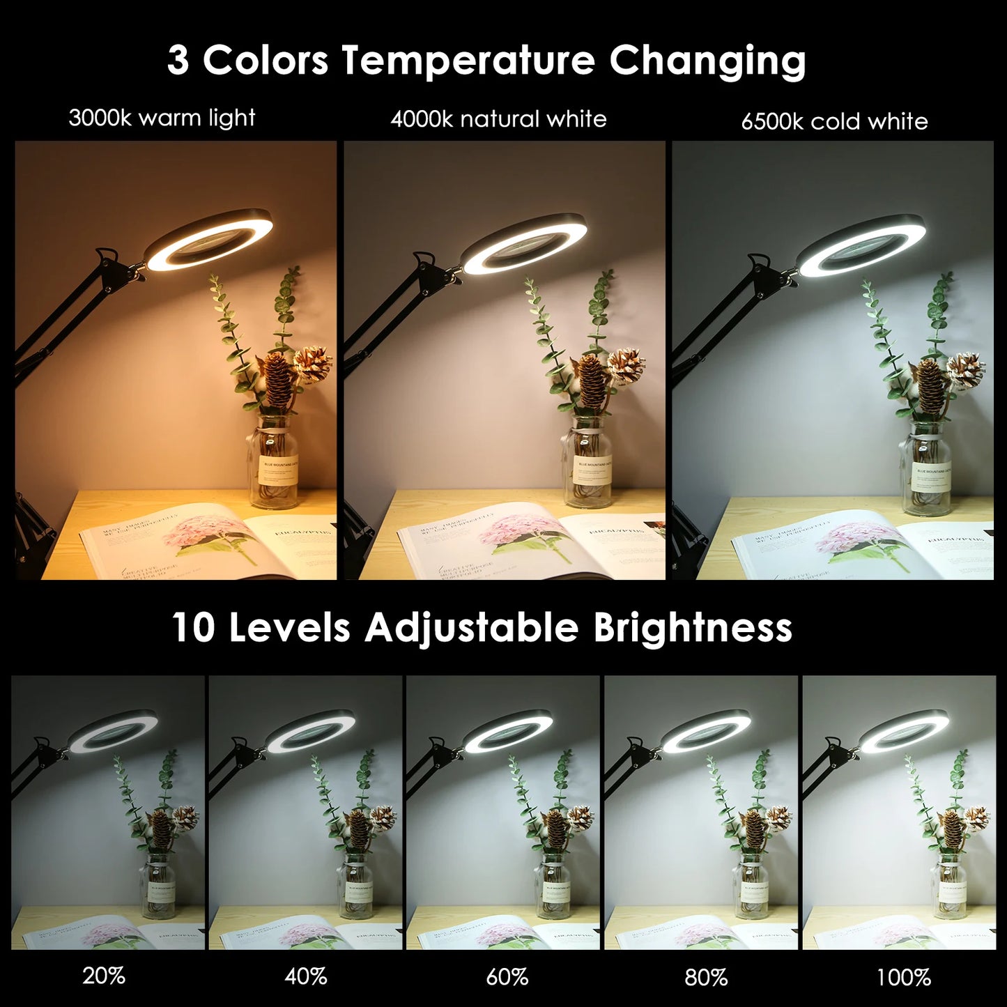 Clamp-on Table Lamp with 8x Magnifier