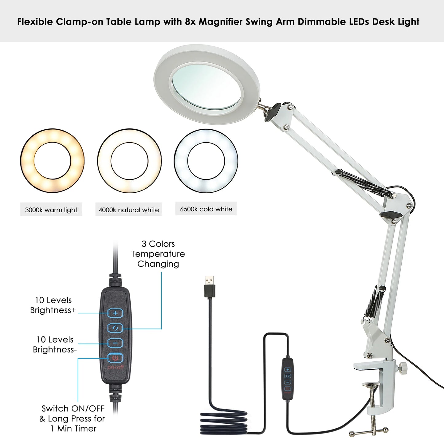 Clamp-on Table Lamp with 8x Magnifier