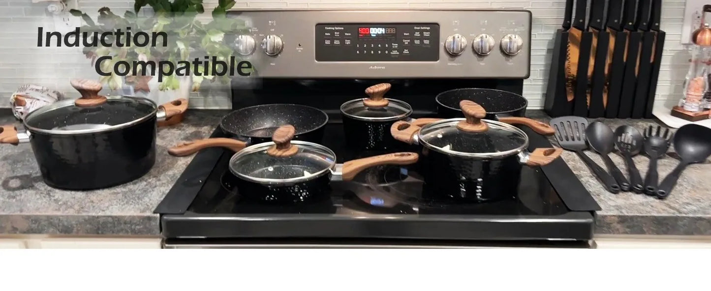 Pots and Pans Set Non Stick - 15 Pcs Black Cookware Set