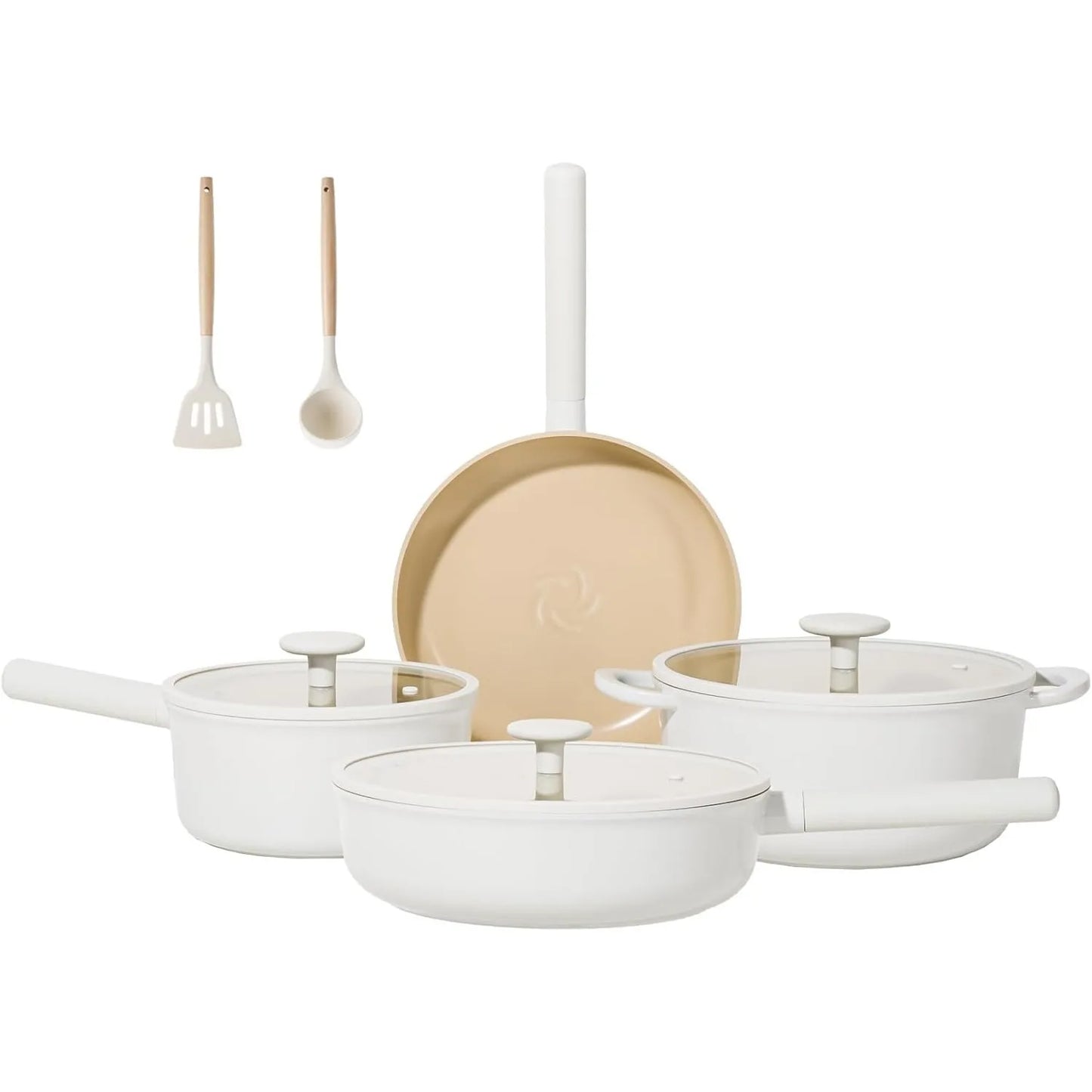 14Pcs Beige Ceramic Cookware Set  Pots and Pans Set Nonstick