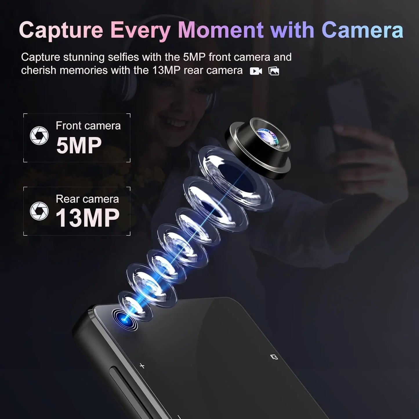 80GB MP3 player with Bluetooth 5.0 and WiFi, Spotify, Android 13 OS, camera and speakers