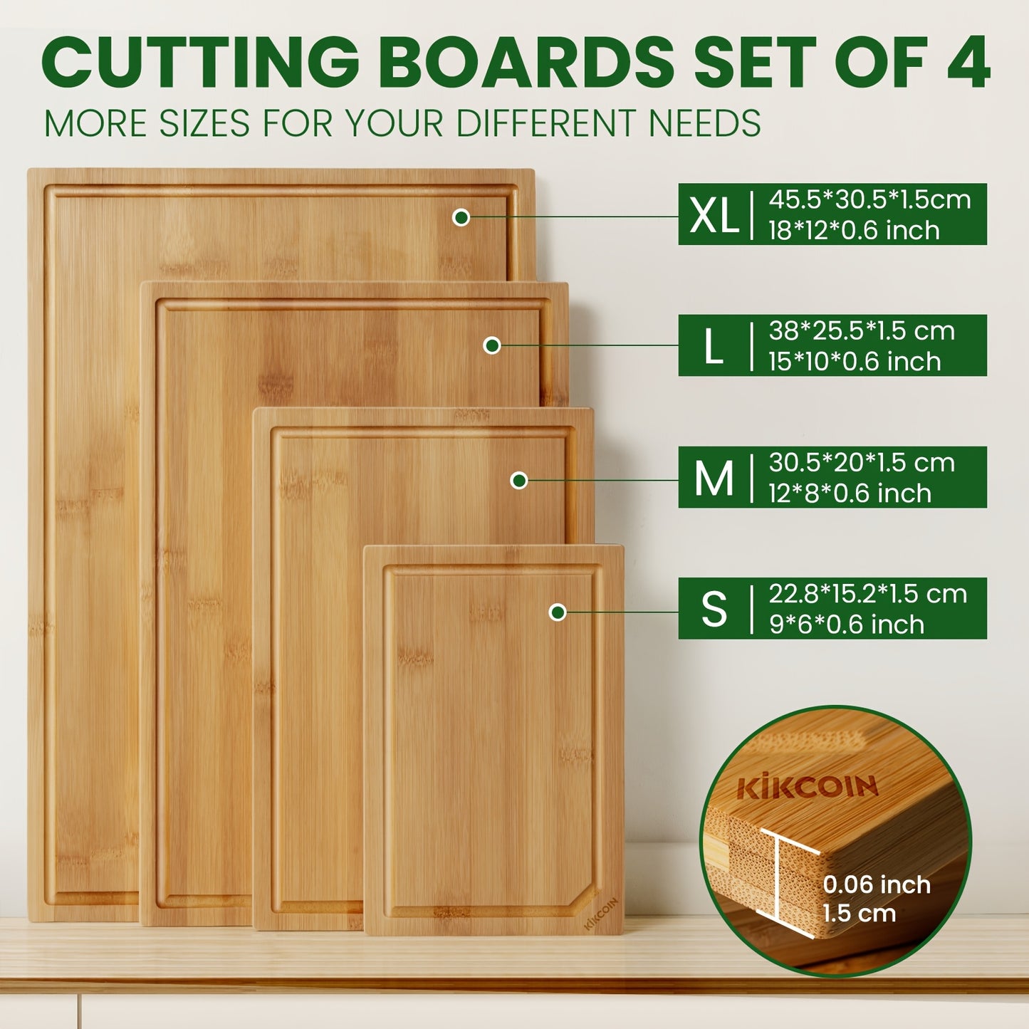 4pcs Extra Large Kitchen Bamboo Cutting Board Set, Heavy Duty Cutting Board with Juice Grooves